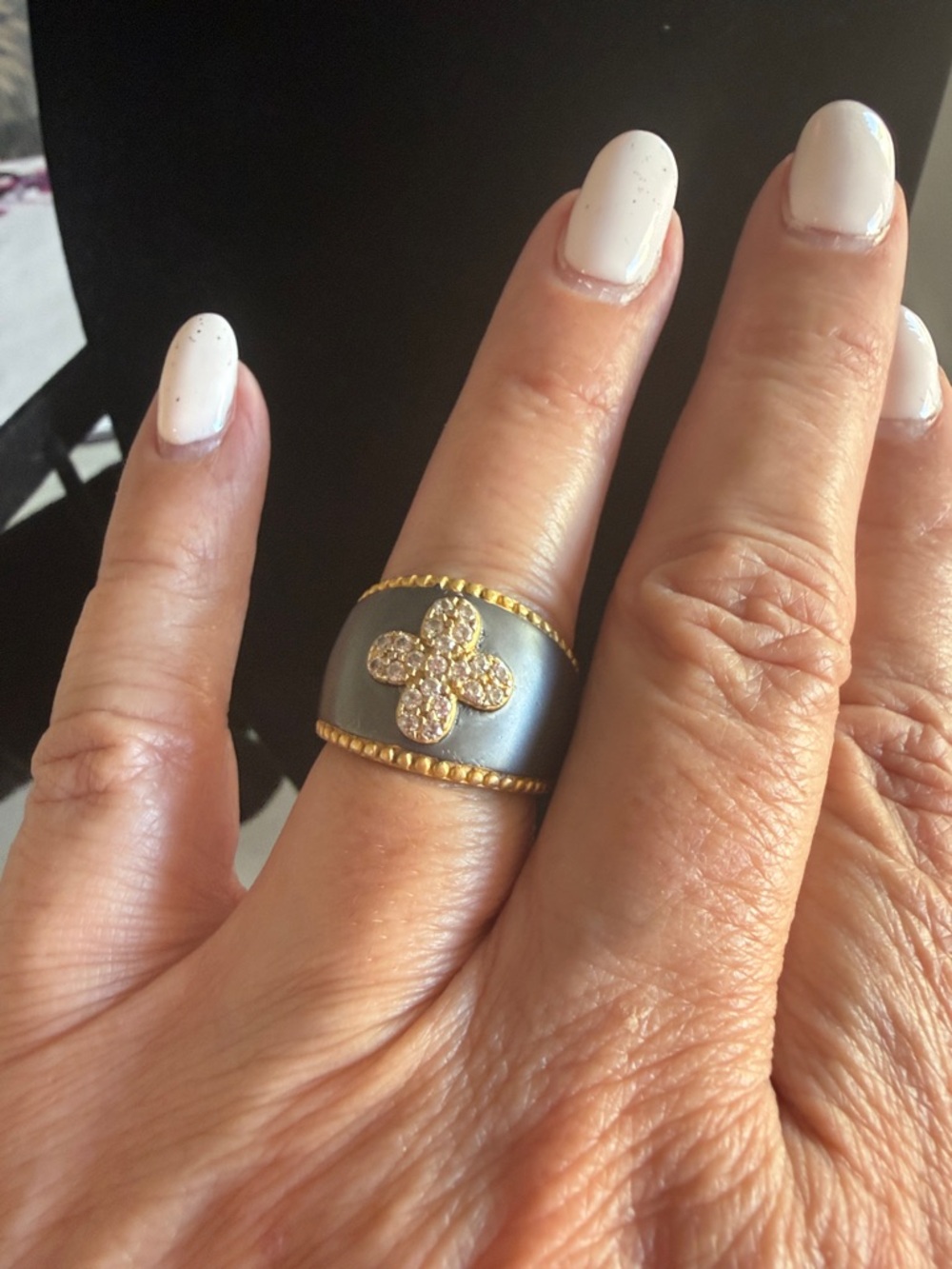 Gold plated & Gray Floral Pavé Wide Band Ring - Women Jewelry